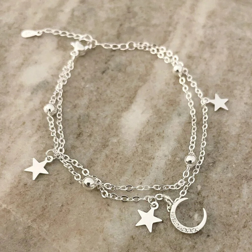 925 Sterling Silver Multi-Layer Bracelet Dainty Moon and Star Bracelet